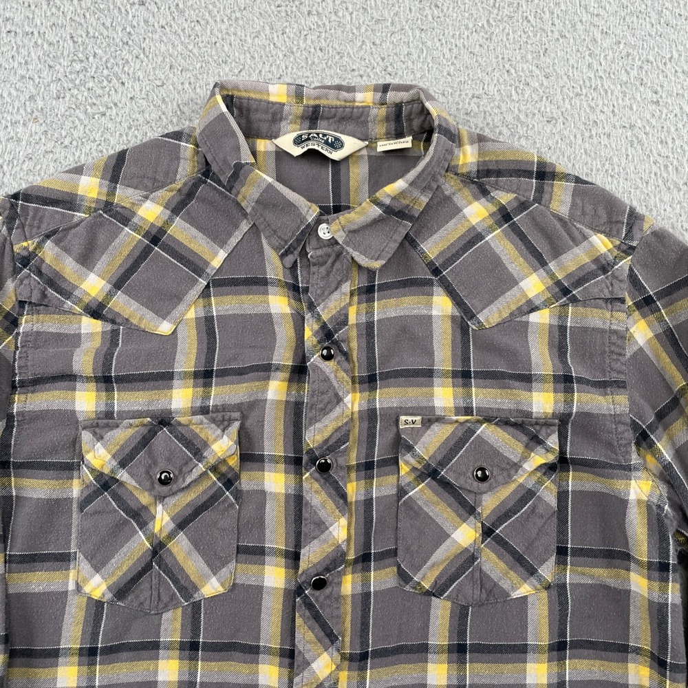 Salt Valley Western Shirt Mens Large Grey Yellow Plaid Pearl Snap Long Sleeve L